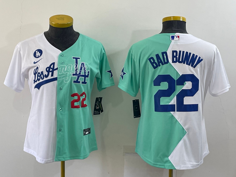 Youth Los Angeles Dodgers #22 Bad Bunny 2022 All-Star White/Green Split Stitched Jersey Youth Los Angeles Dodgers #22 Bad Bunny 2022 All-Star White/Green Split Stitched Jersey